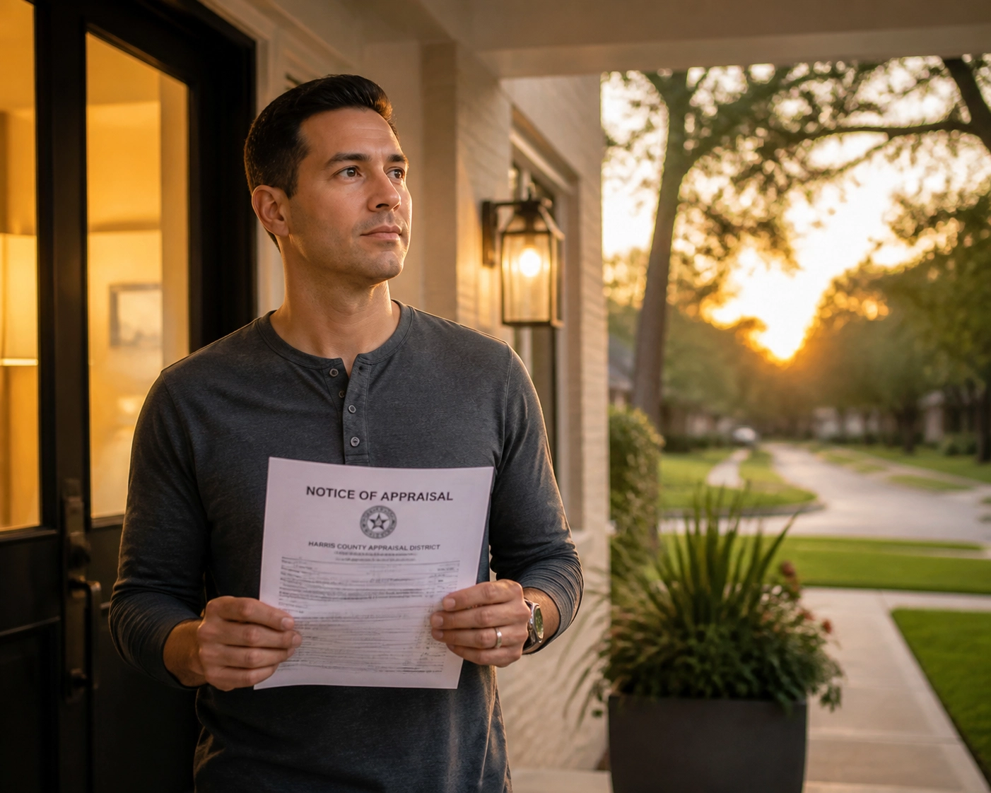 Houston homeowner reviewing a Harris County appraisal notice on a front porch at sunset.