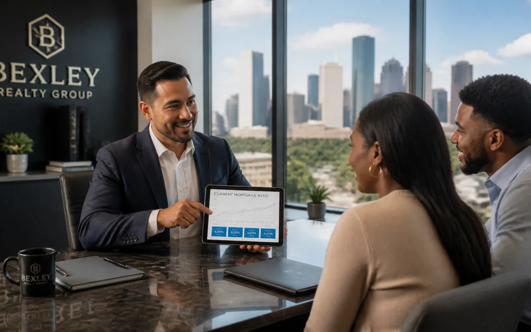 A professional real estate consultation in a modern Houston office showing mortgage rate strategies.