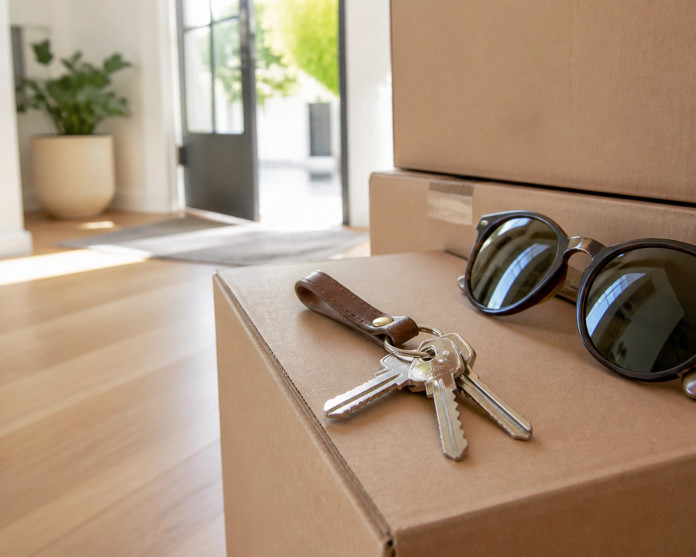 House keys on moving boxes in a bright entryway, signifying a quick closing on a Houston home.