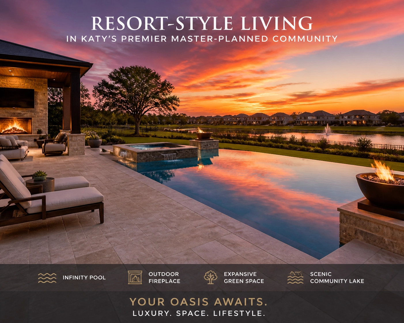 Large backyard and pool in a Katy suburb representing master-planned living.