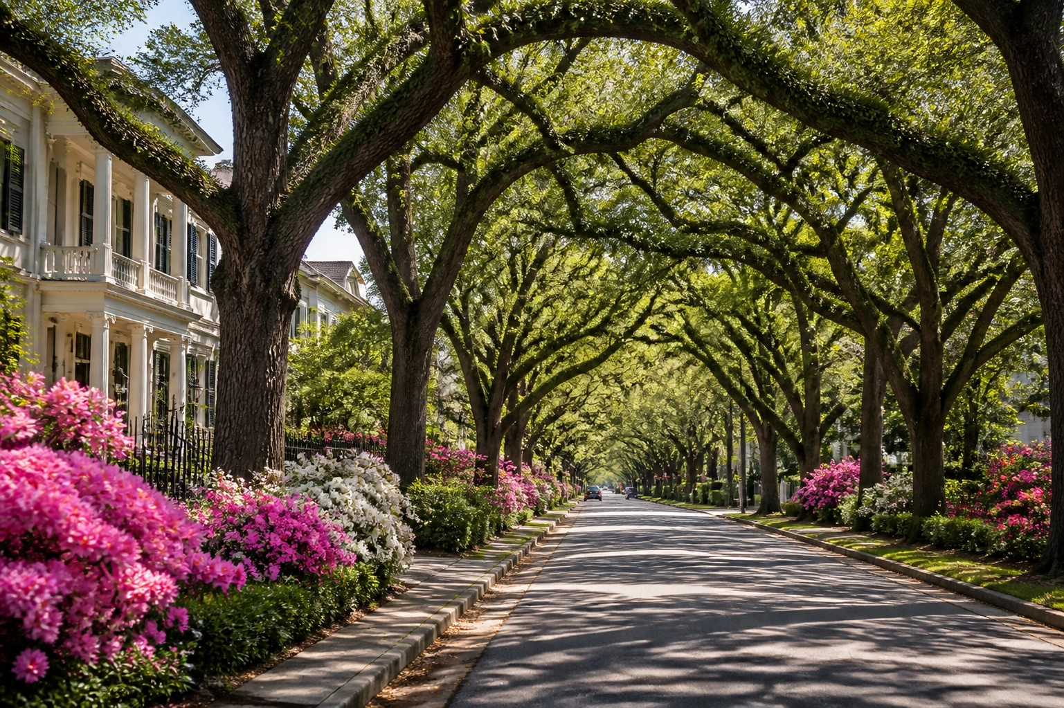 A scenic Houston residential street in spring bloom with live oaks and prestigious homes.