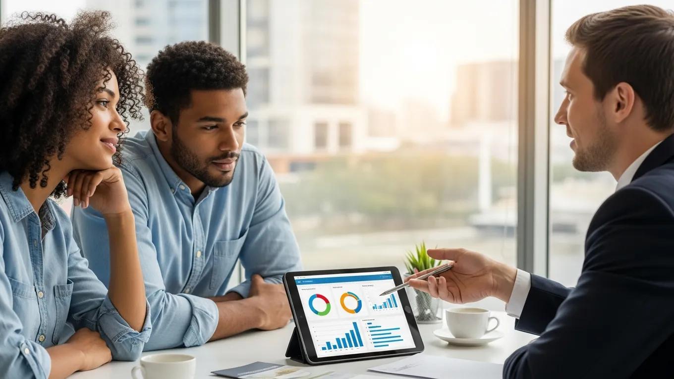 Real estate agent providing expert tips to first-time homebuyers in a modern office, highlighting guidance and support