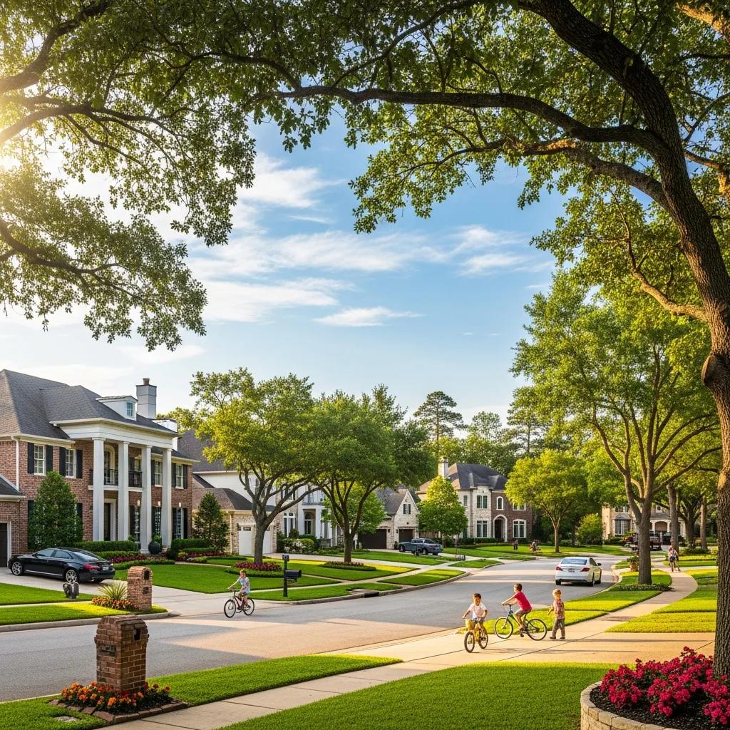 Residential neighborhood in The Woodlands, TX, showcasing a mix of luxury and family-friendly homes