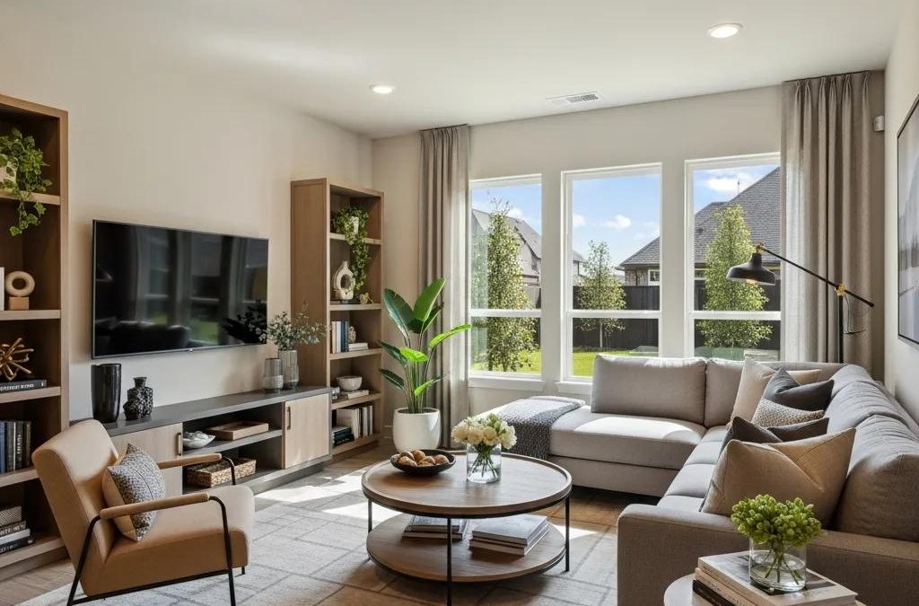 Staged living room in Houston home with modern decor and natural light