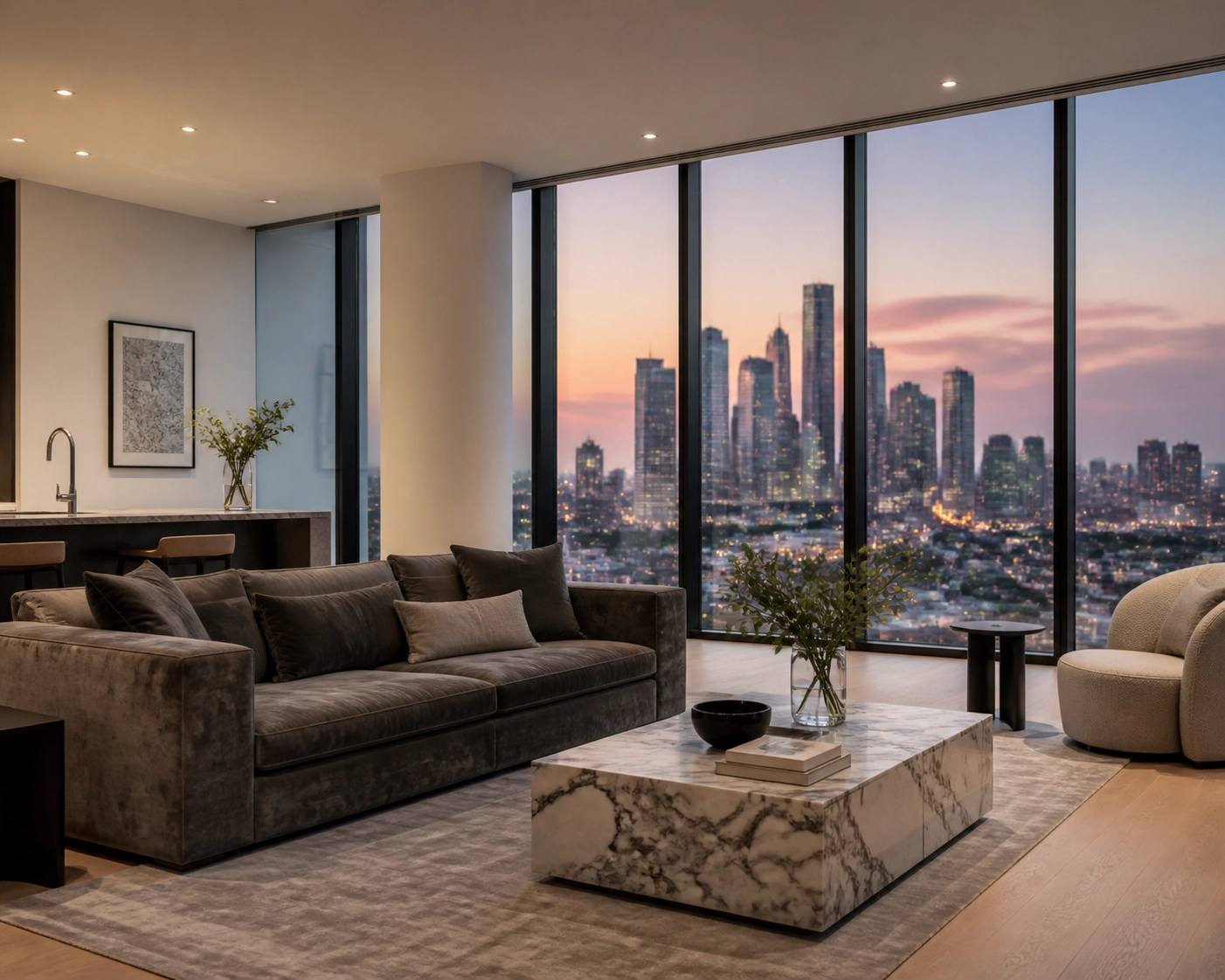 Luxury Houston condo interior with skyline views, highlighting high inventory in the Museum District.