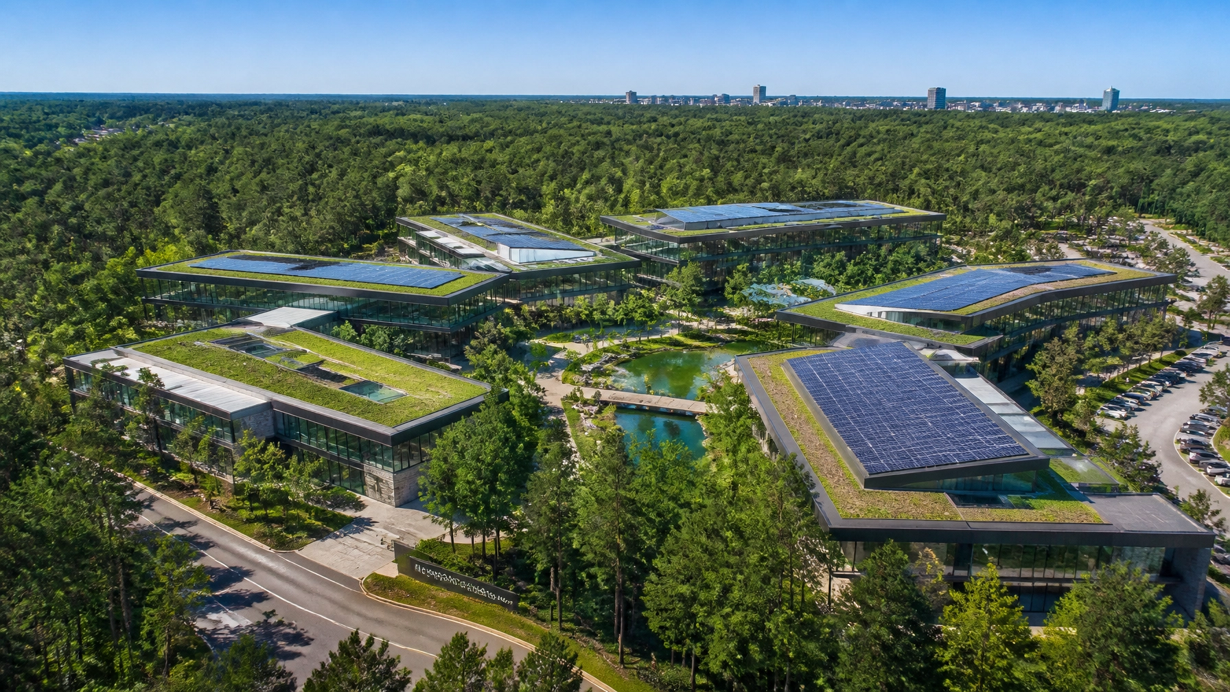 Aerial view of a modern tech campus integrated into the piney woods of North Houston.