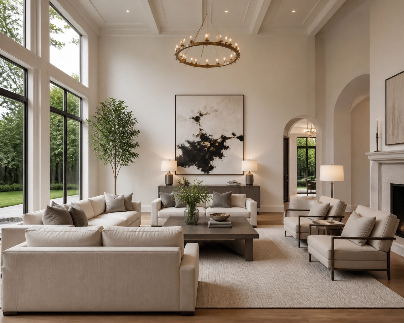 Modern staged living room in a luxury Houston home showing a move-in ready aesthetic for 2026 buyers.