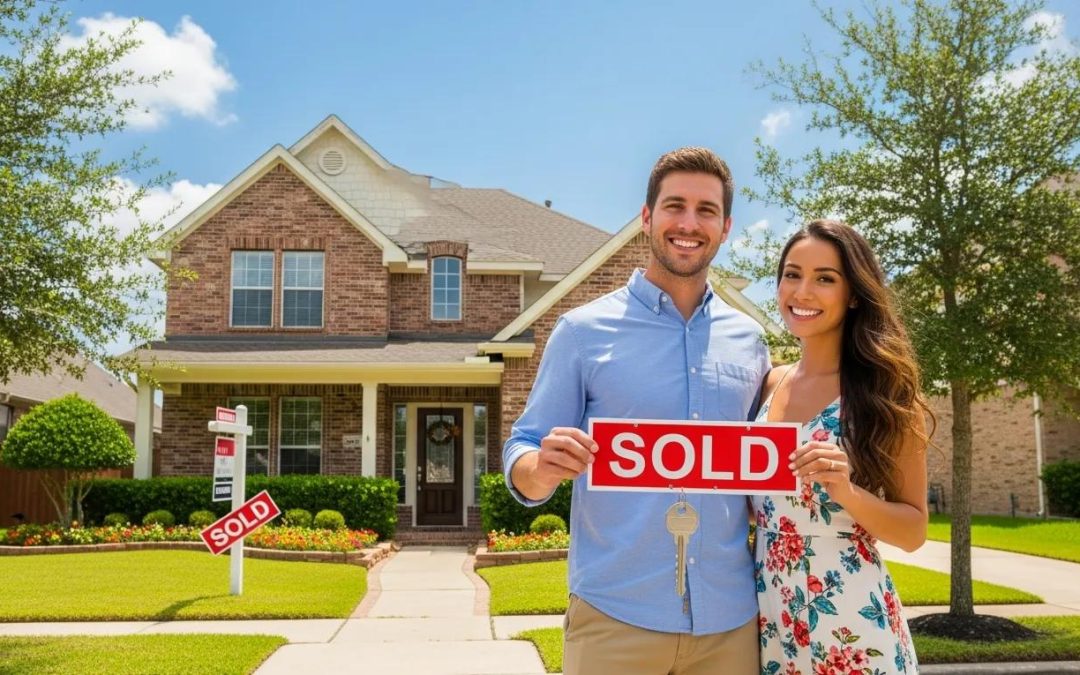 Young couple celebrating their first home purchase in Houston, symbolizing excitement and new beginnings