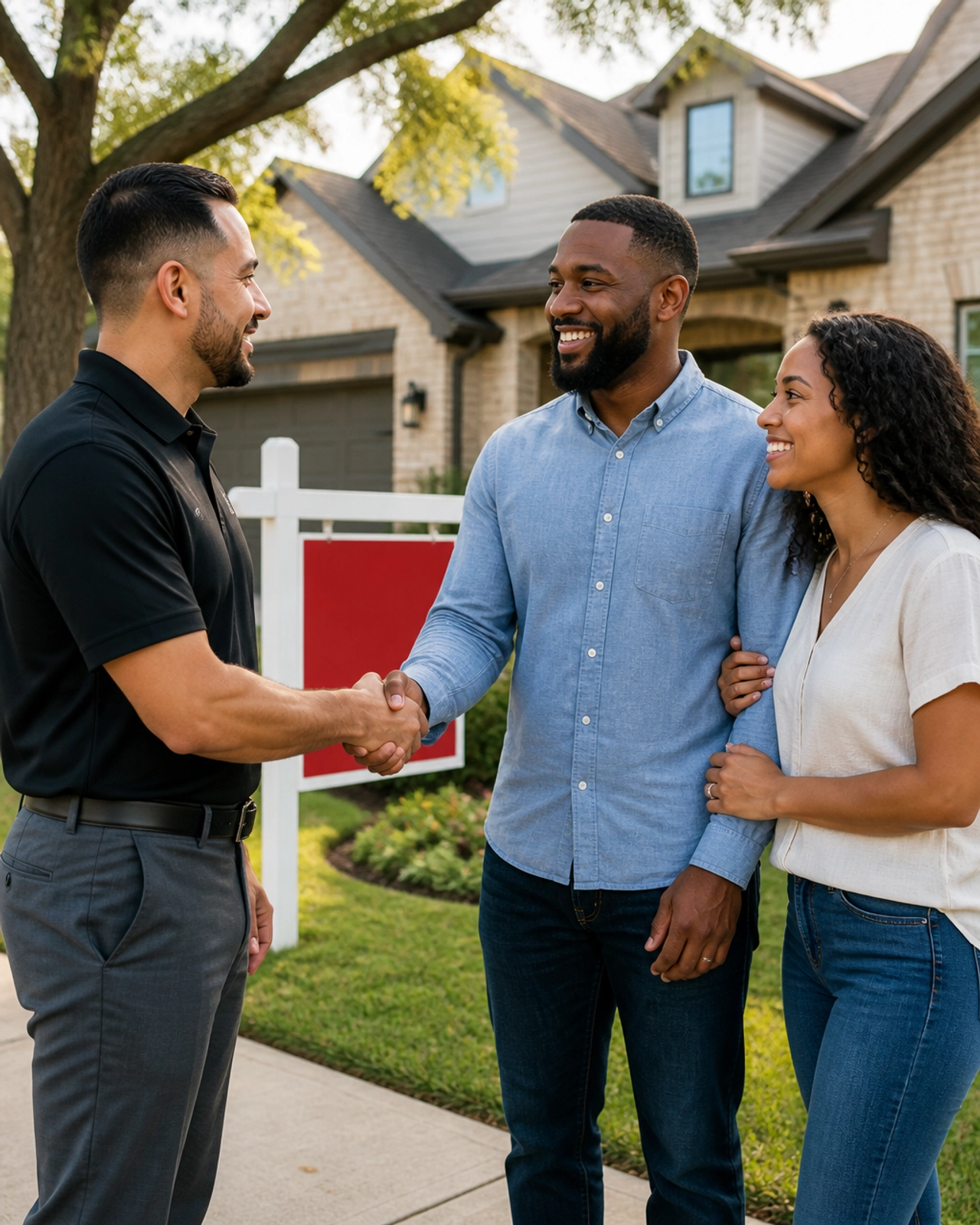A real estate agent shaking hands with a happy couple in front of a new home