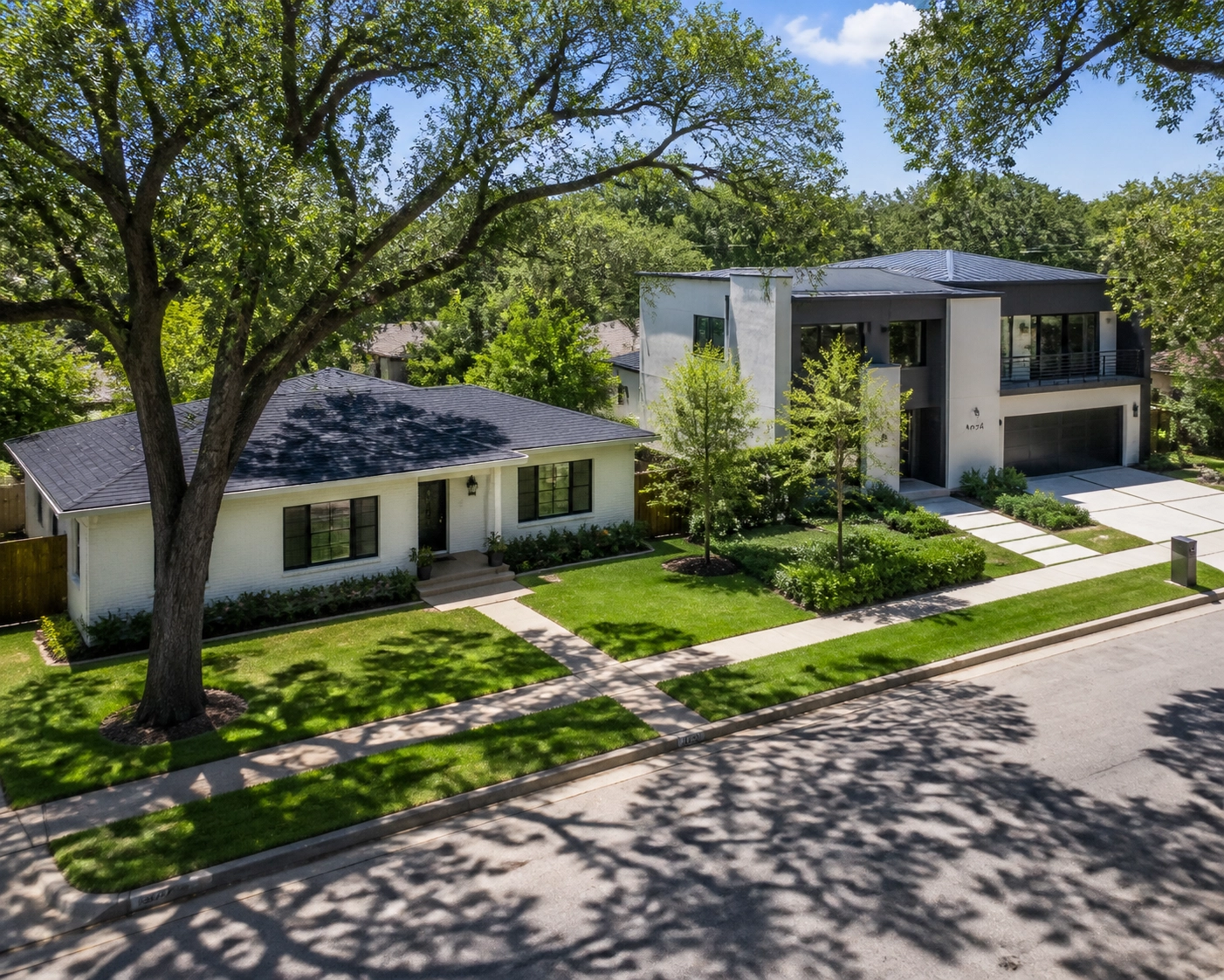 Renovated ranch and modern luxury homes on a tree-lined street in Oak Forest Houston.