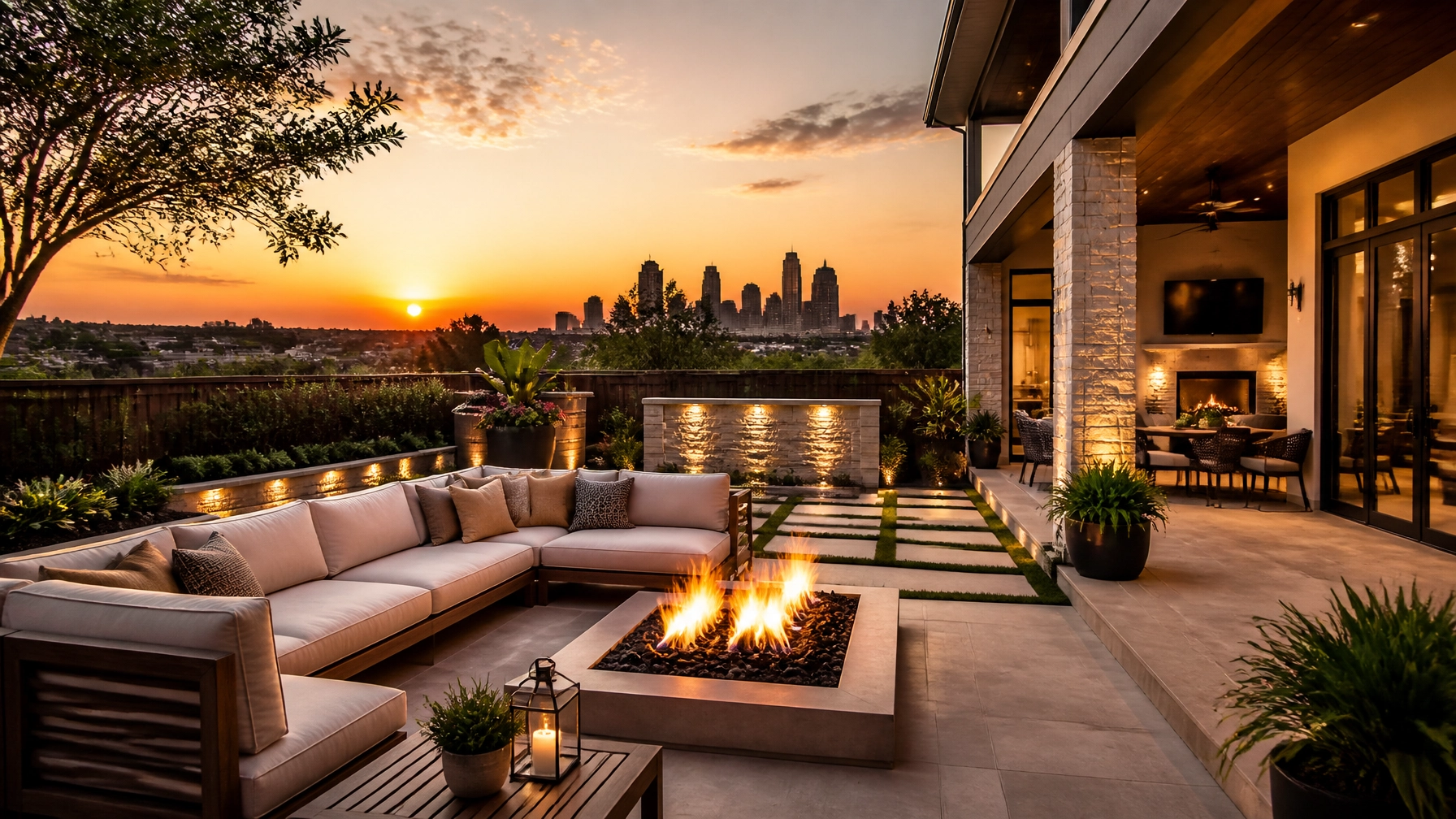 Staged outdoor patio with golden hour lighting
