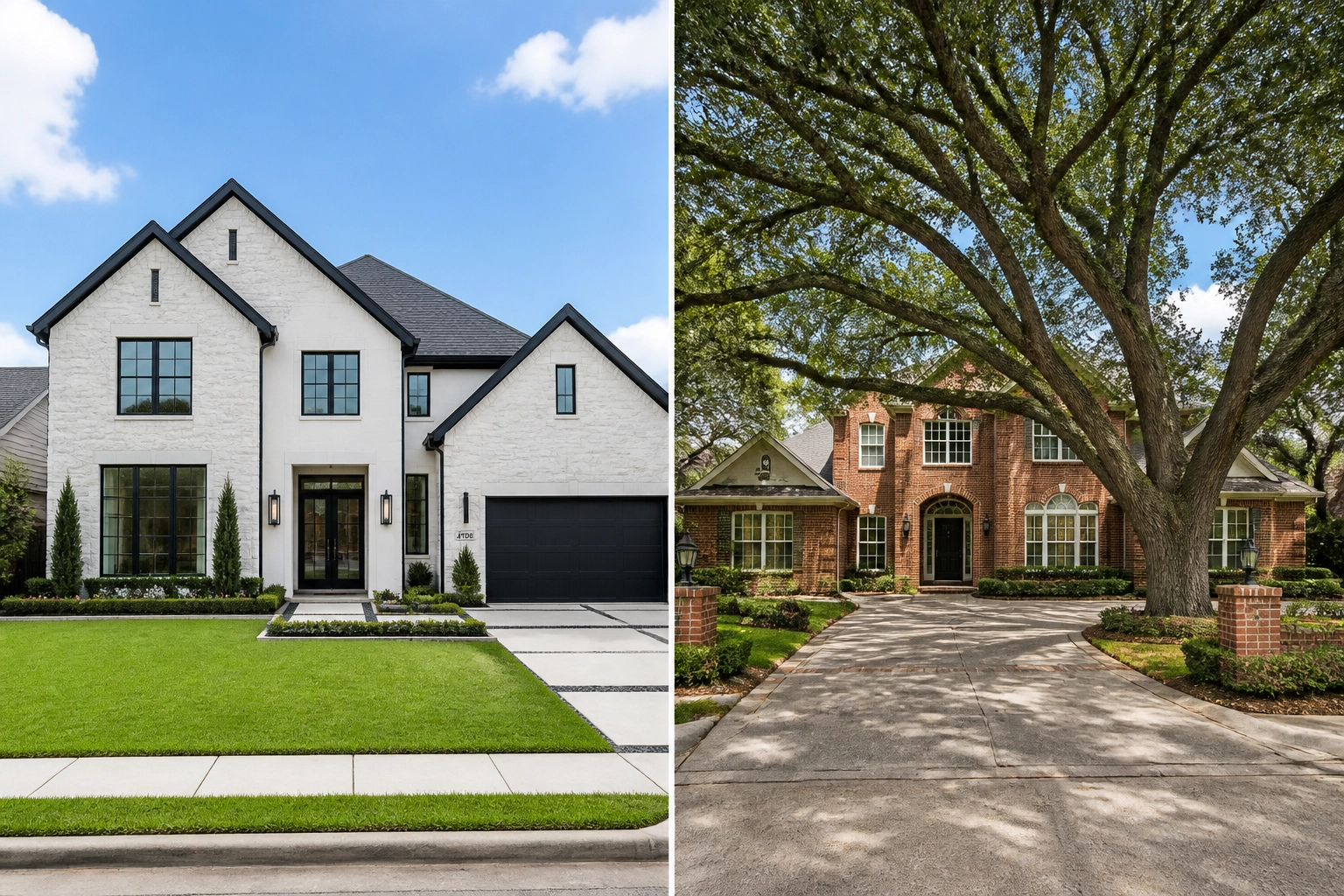 Comparison of a modern new construction home and a traditional Houston resale house with mature trees.