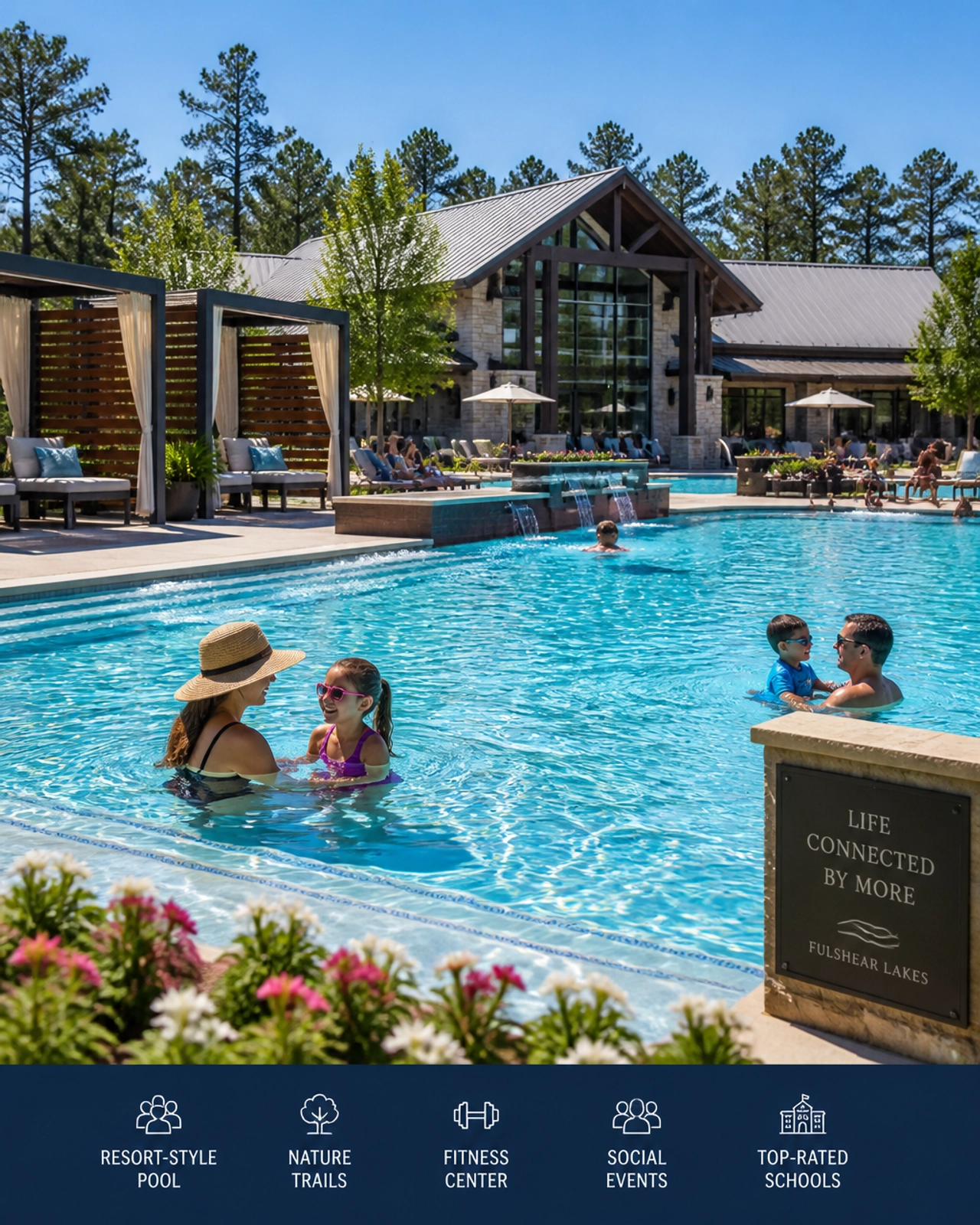A resort-style swimming pool and clubhouse area in a master-planned community.