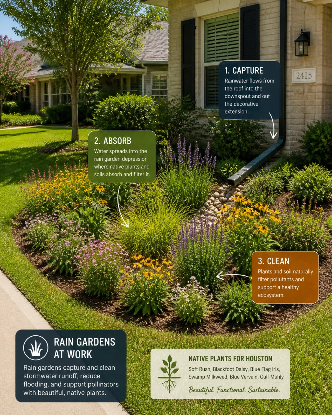 A lush rain garden featuring native Texas plants that help manage yard runoff.
