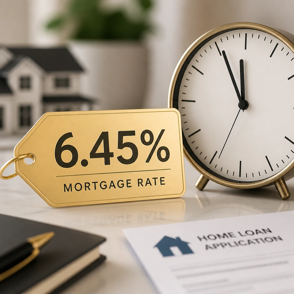 A conceptual image of a 6.45 percent mortgage rate tag and a clock