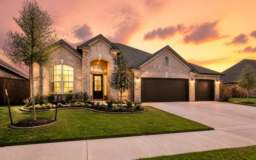 Modern suburban home in Pearland, Texas, featuring a clean brick exterior and manicured lawn at sunset