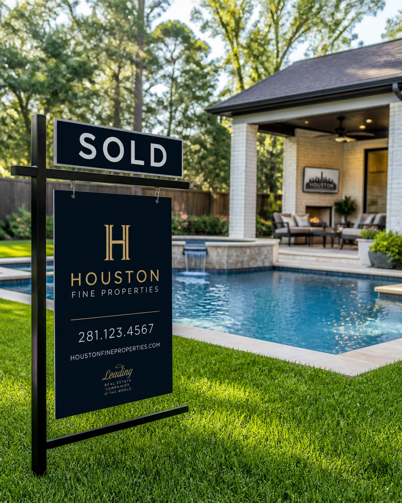 A real estate "SOLD" sign standing in the foreground of a beautiful backyard pool in a Houston suburb.