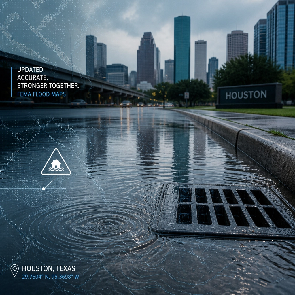 A conceptual image of a Houston drainage system symbolizing the updated FEMA flood map risk.
