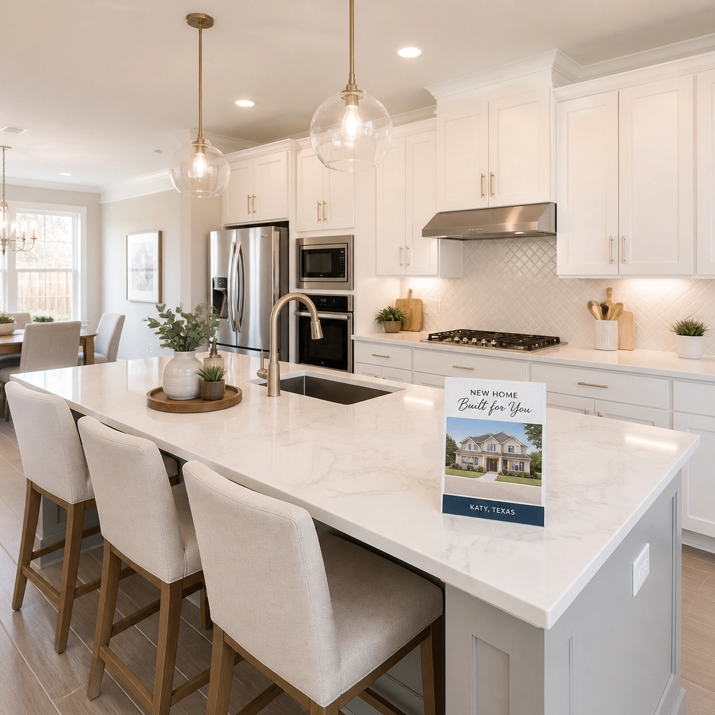 A clean, modern kitchen interior of a new construction home in Katy, Texas.