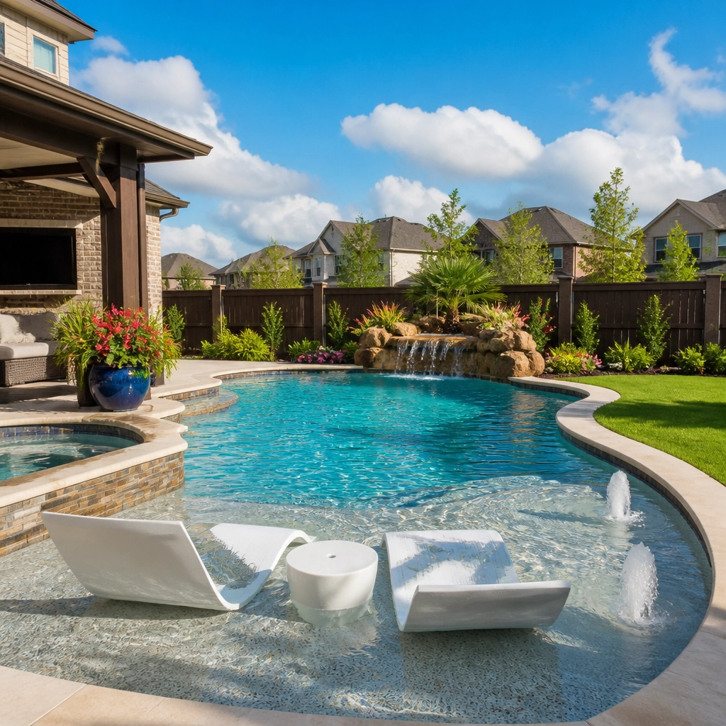 A family-friendly backyard pool in a Katy, Texas suburban home featuring a rock waterfall and a tanning ledge.