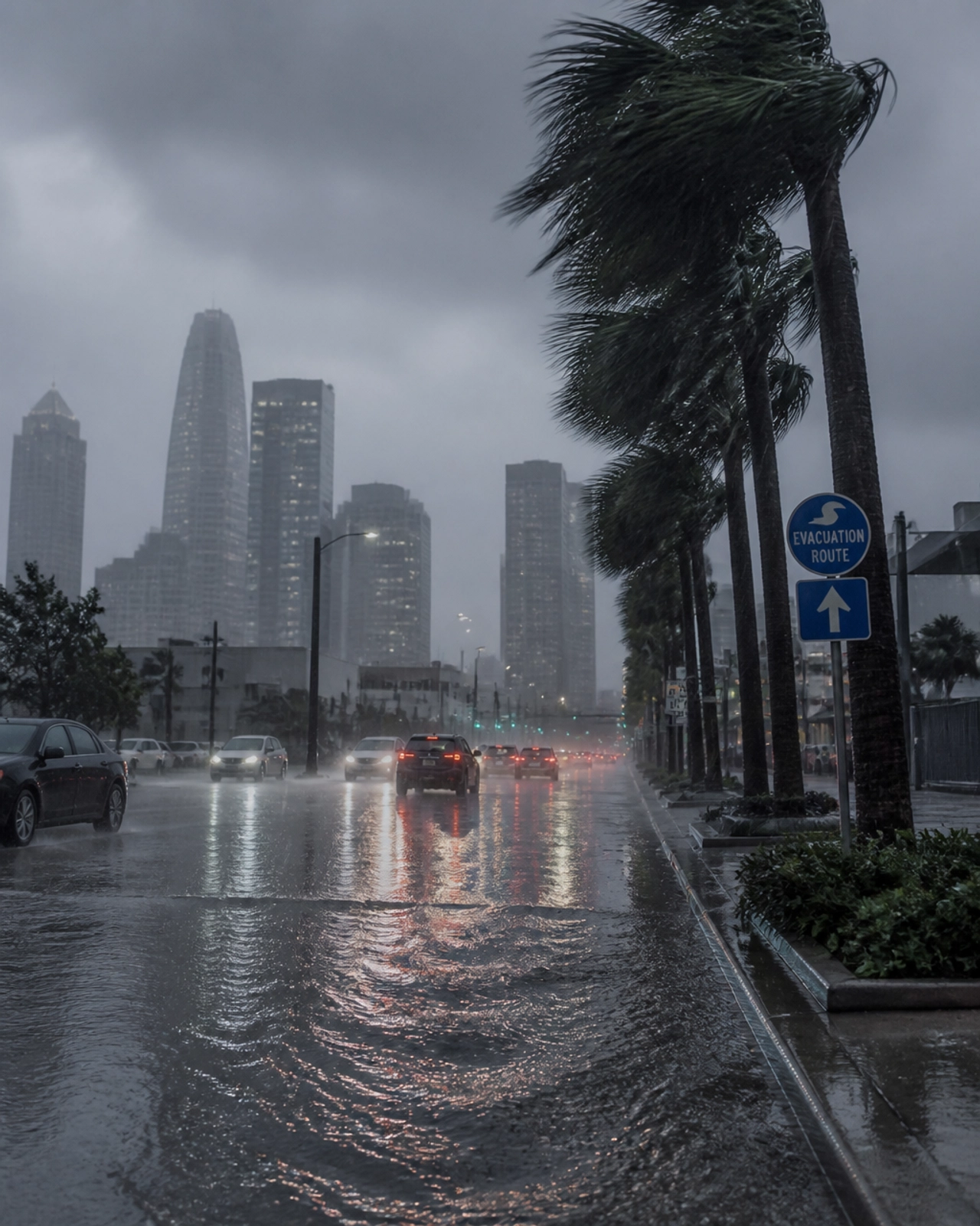 A stormy Houston street with heavy rain and wind-blown trees, highlighting the weather risks that drive insurance premiums higher.