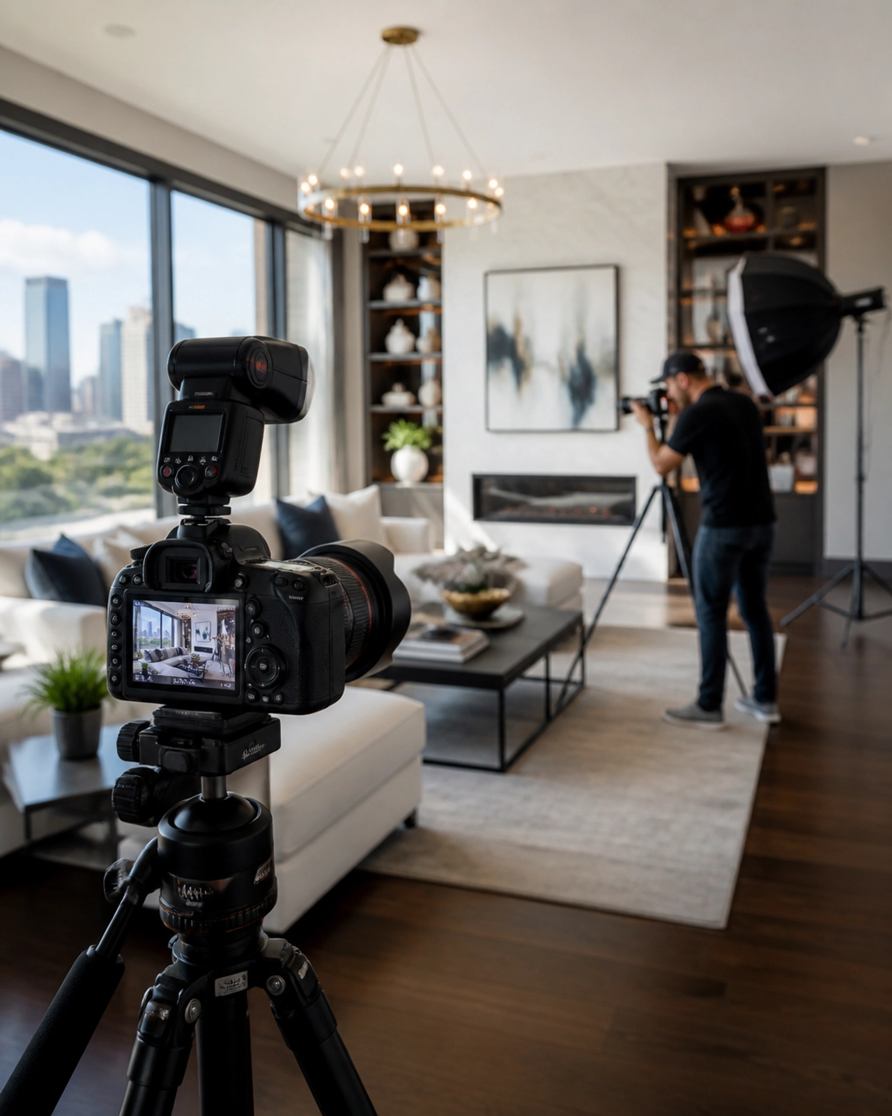 A professional real estate photographer setting up a high-end DSLR and tripod in a modern Houston living room.