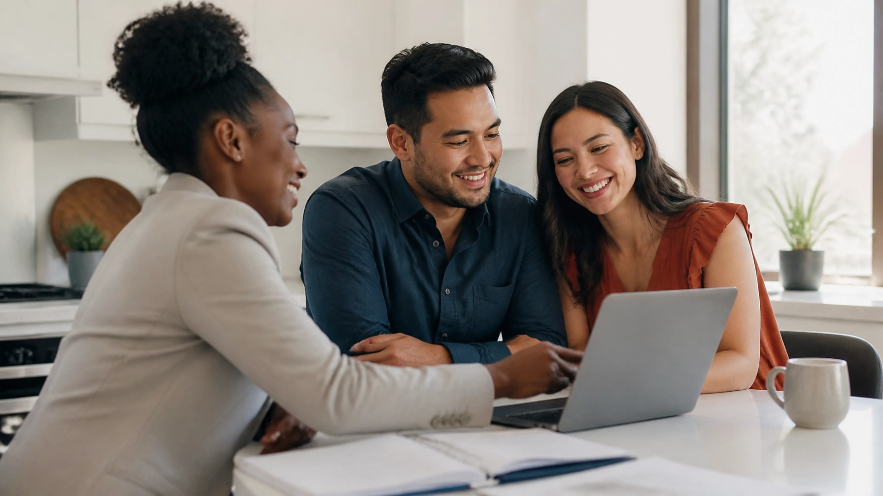 A happy couple analyzing real estate data with their agent