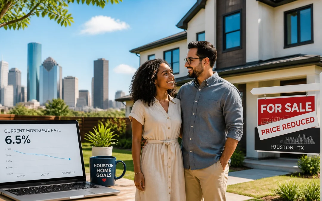 A diverse couple looking at a modern Houston home with a price-reduced sign during a bright summer day.