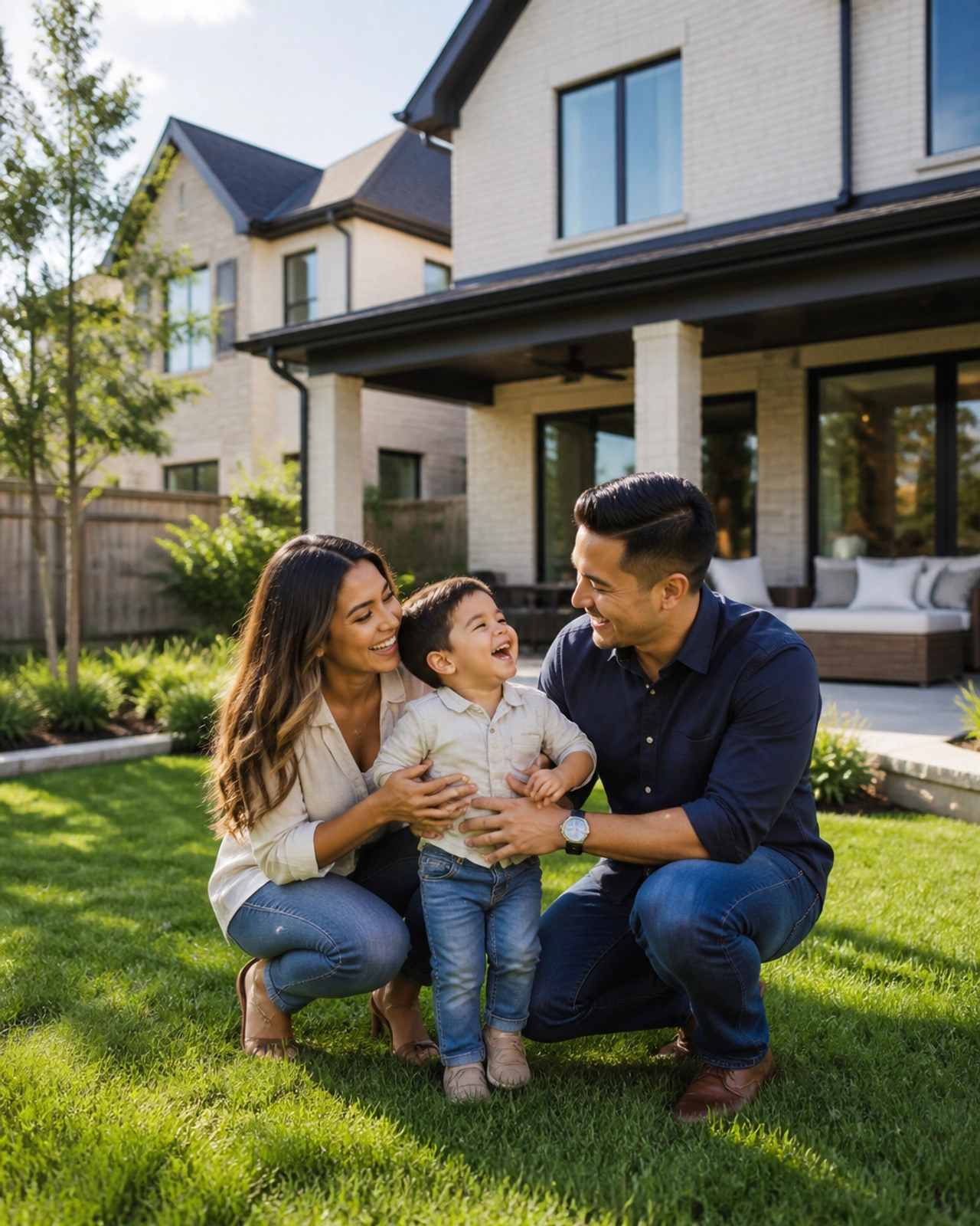A happy diverse family in their new Houston suburban backyard
