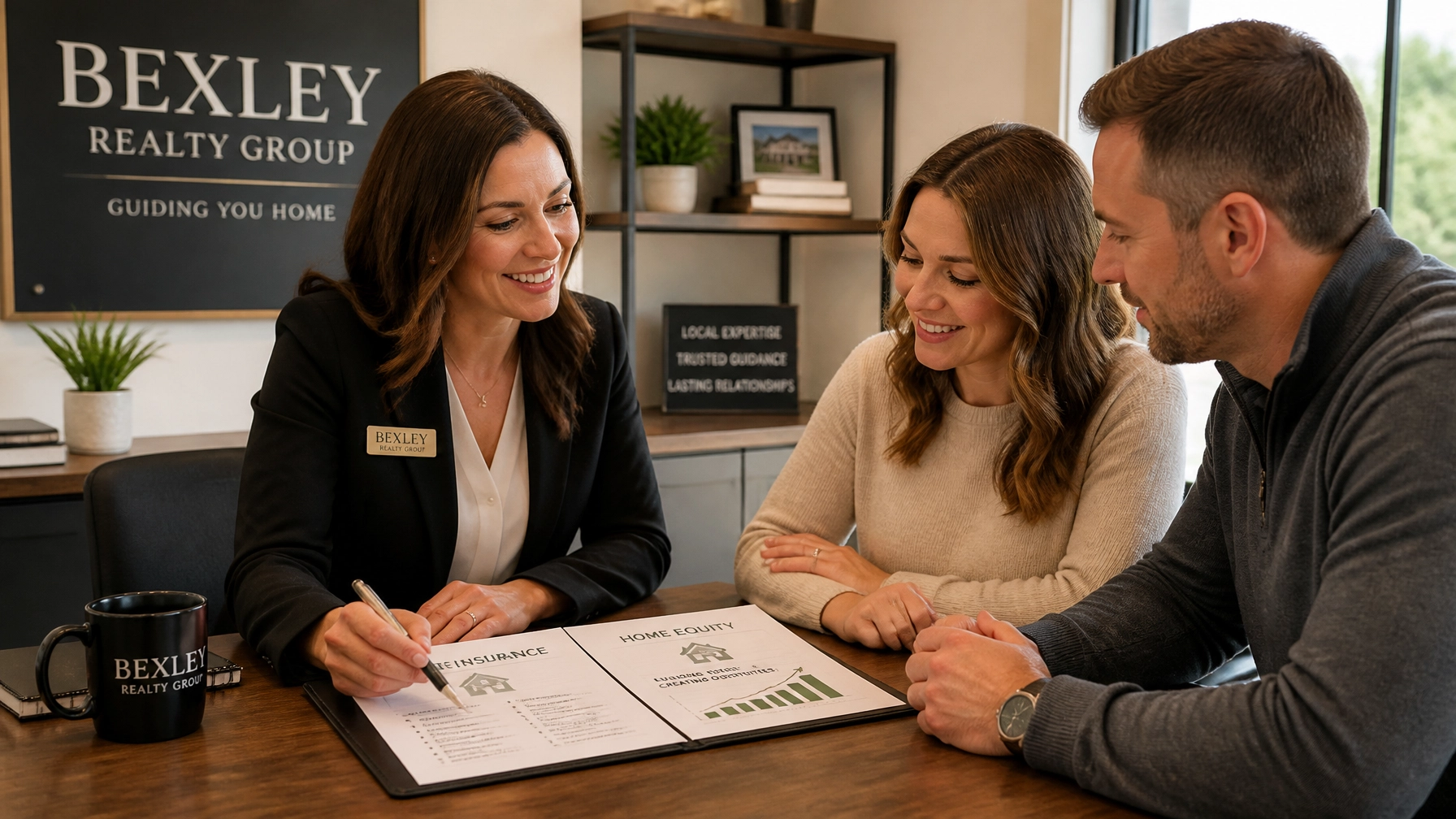 A professional real estate consultant from Bexley Realty Group discussing insurance and equity with a couple in a modern office setting.