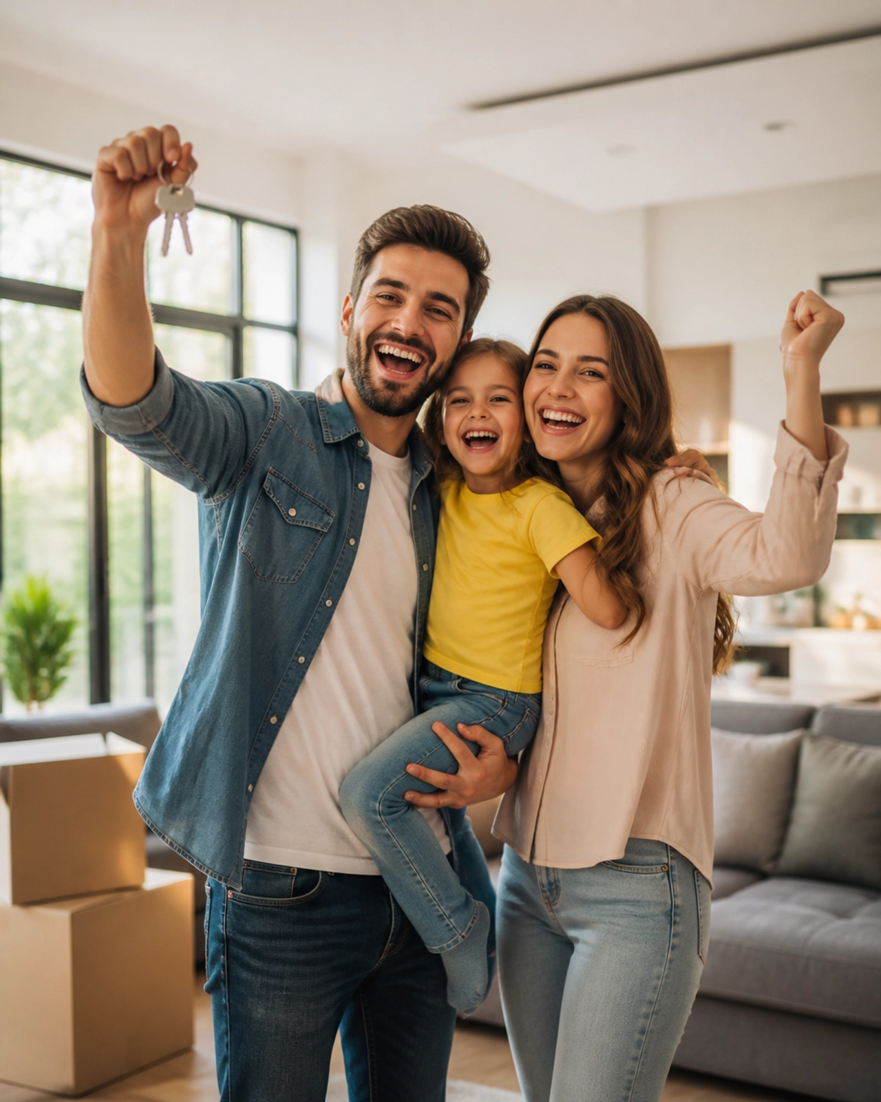 A family celebrating inside their new home