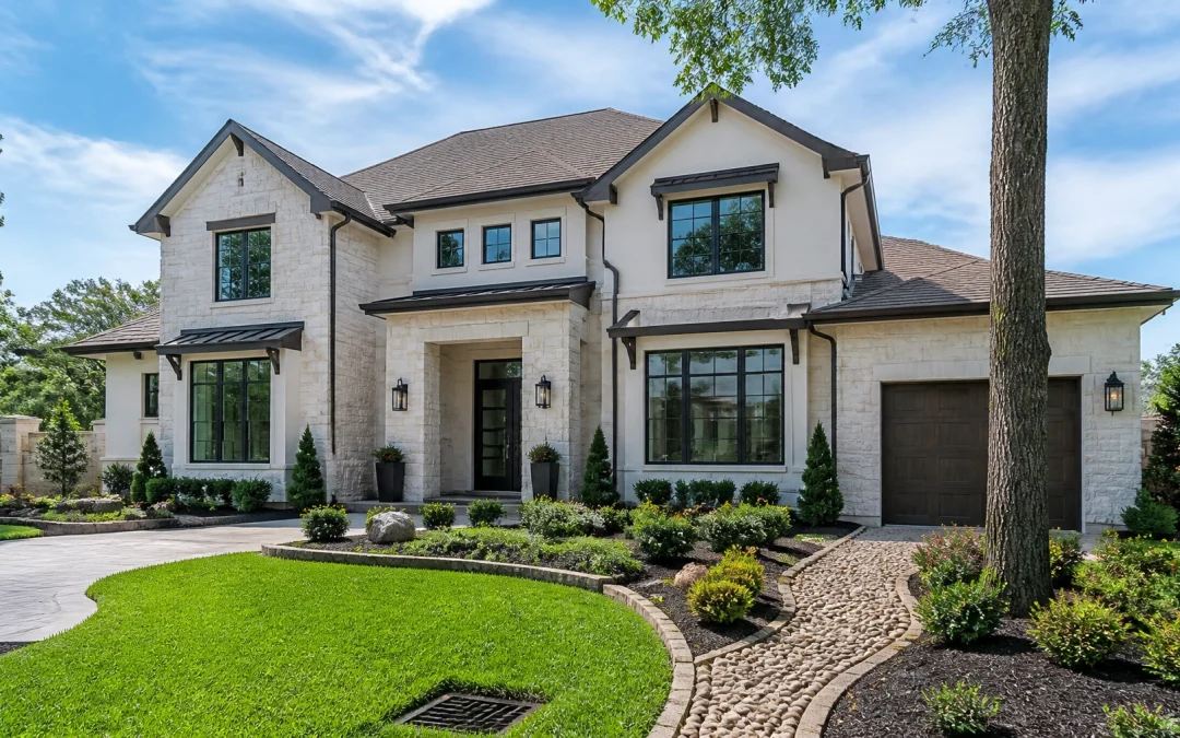 A high-end modern residential home in a Houston suburb, prepared for the season with professional landscaping and drainage.