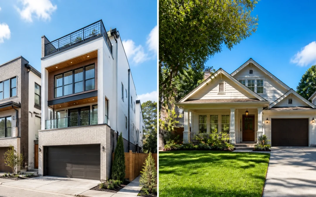 A comparison of modern Houston townhomes and traditional single-family homes under a bright Texas sky.