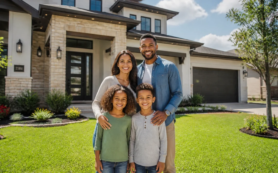 A happy family standing in front of their modern suburban Houston home