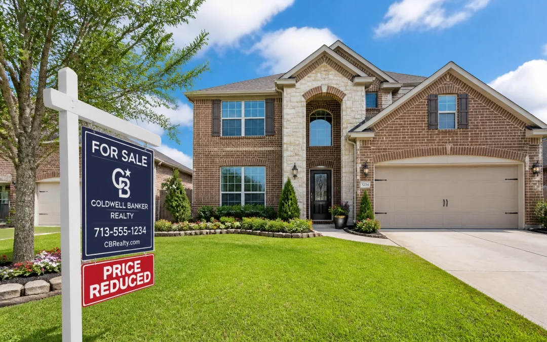 A beautiful Houston suburban home with a 'Price Reduced' sign on the lawn, symbolizing the current buyer's market.