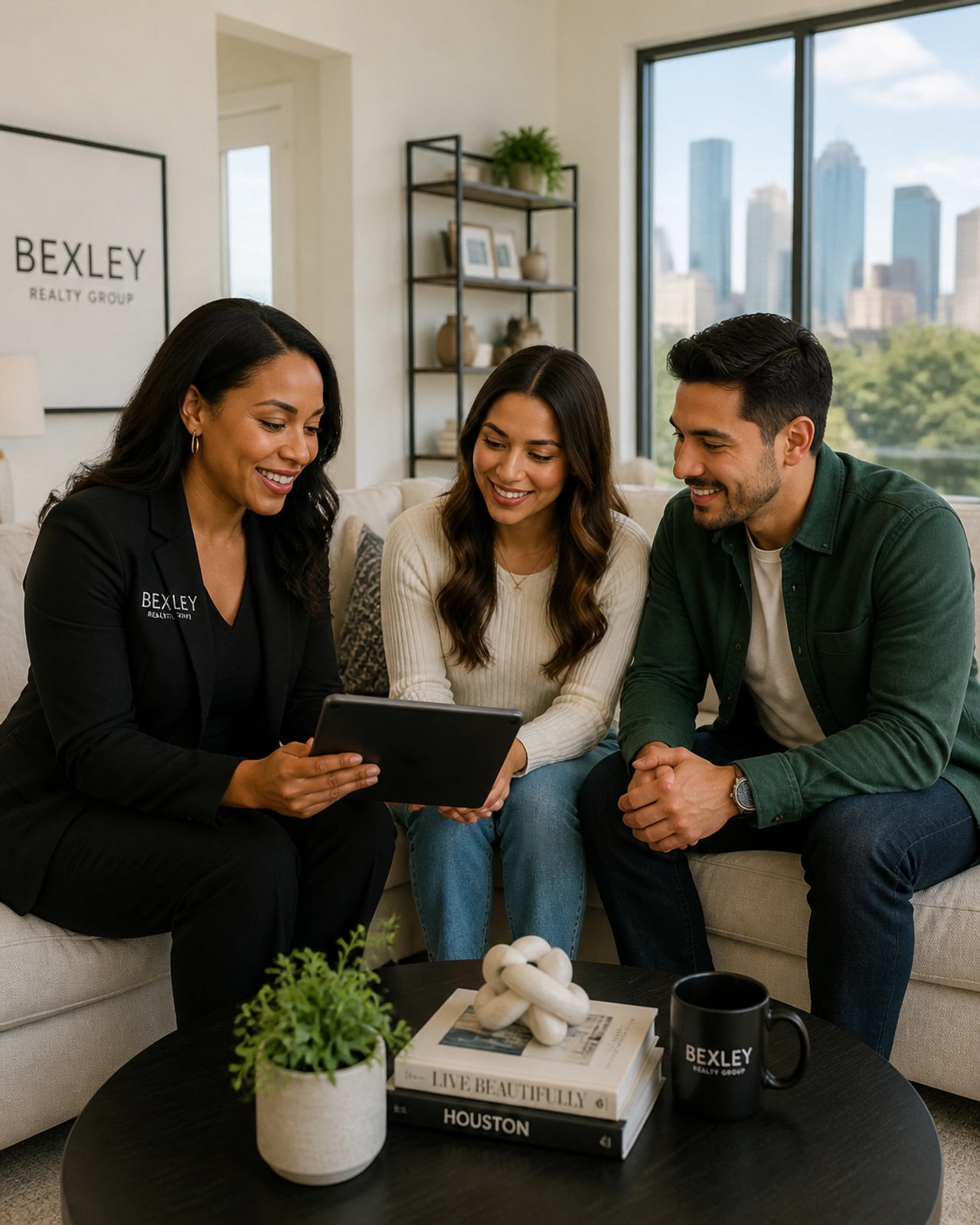 A professional real estate agent from Bexley Realty Group meeting with a happy couple in a modern Houston living room.
