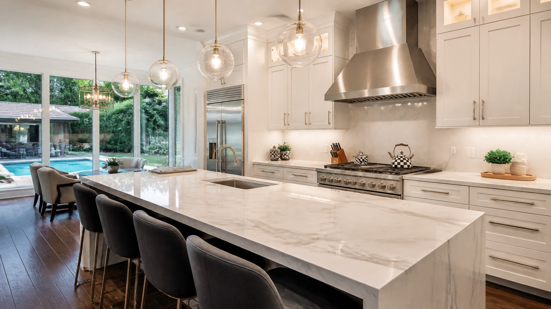 An interior shot of a spacious, modern Houston kitchen with a large marble island and a view of a backyard pool.