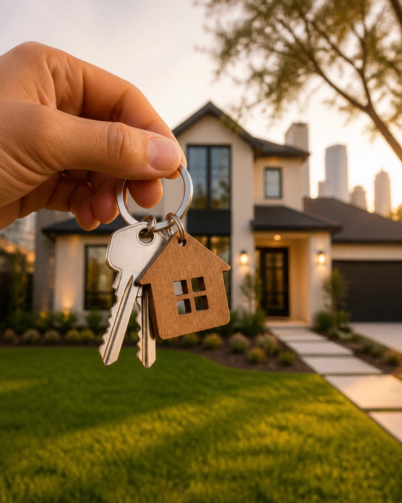 A happy home buyer holding new house keys in front of their new Houston home.