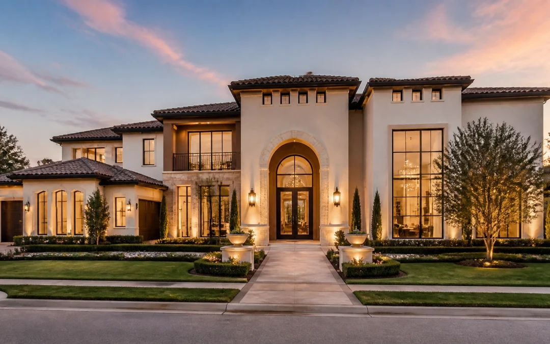 A stunning luxury mansion in Houston featuring modern architecture and grand entrance