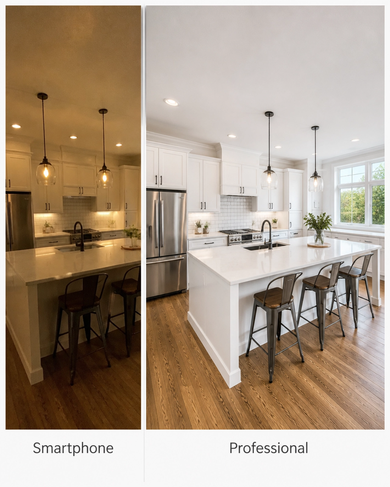 Side-by-side comparison of a kitchen: Dim smartphone photo vs. bright, professional HDR photography.