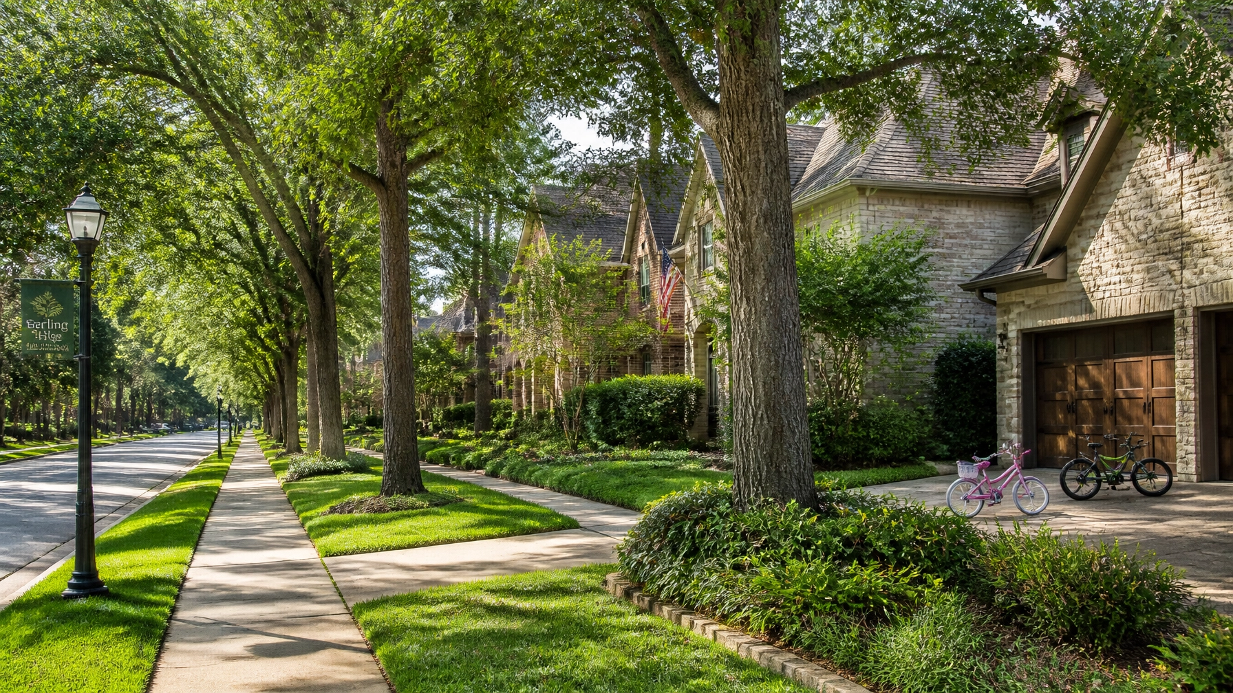 Tree-lined street in a Houston suburb