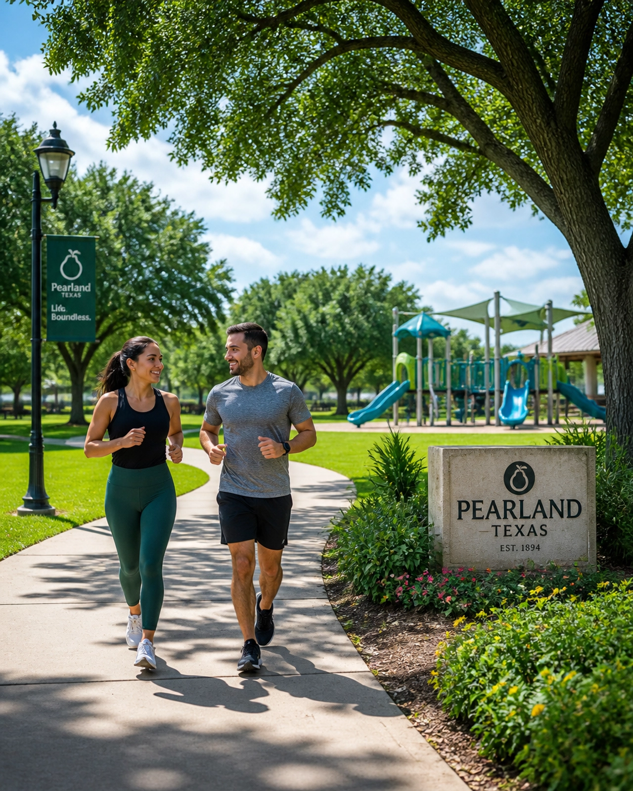 Lush green park in Pearland with walking trails and a modern playground
