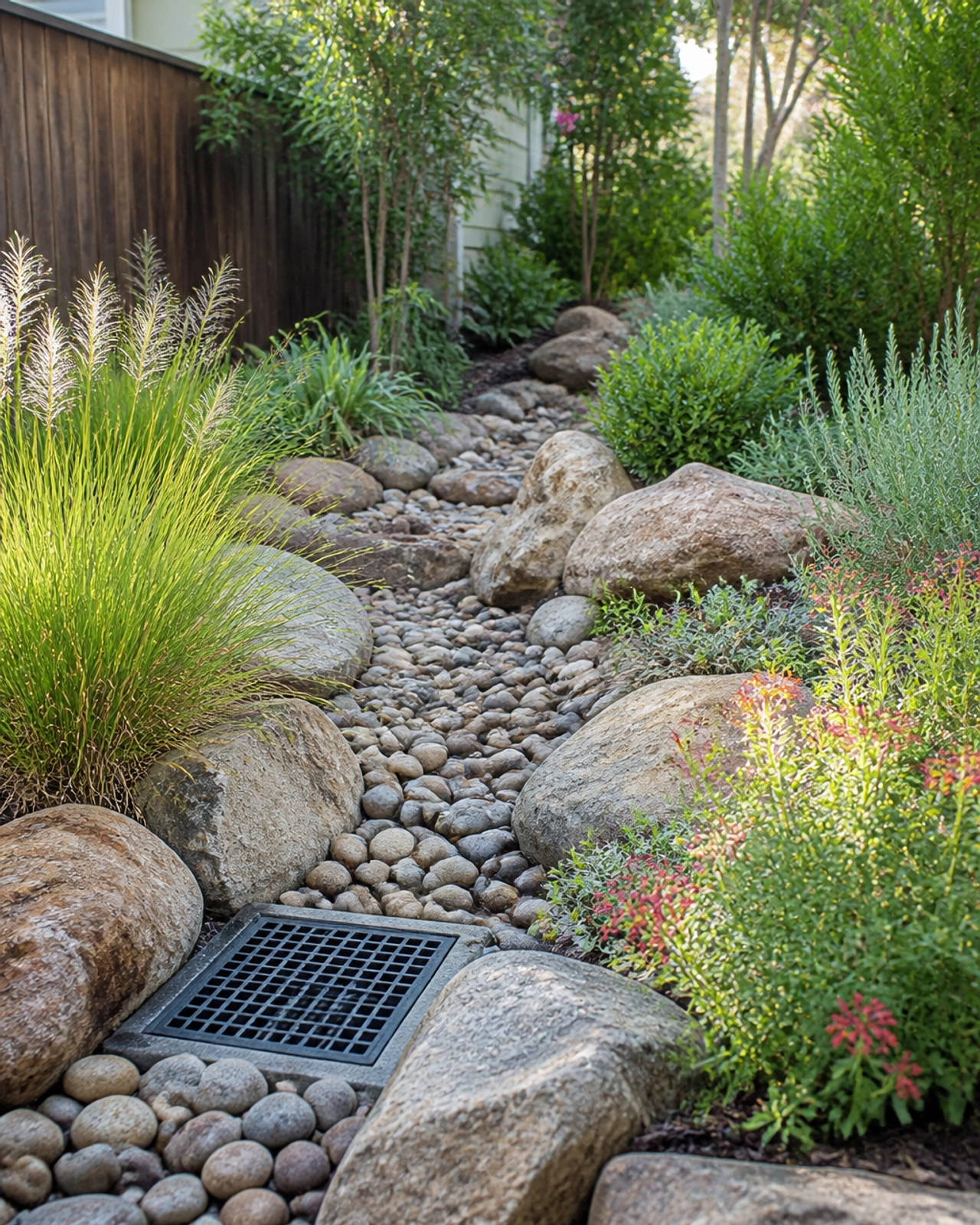 A professionally installed French drain and dry creek bed designed to manage Houston's heavy rainfall.