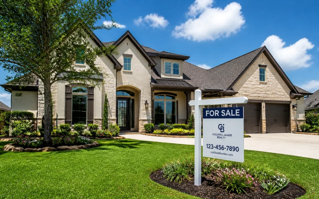 A stunning, high-end suburban home in Houston, Texas during a bright June afternoon