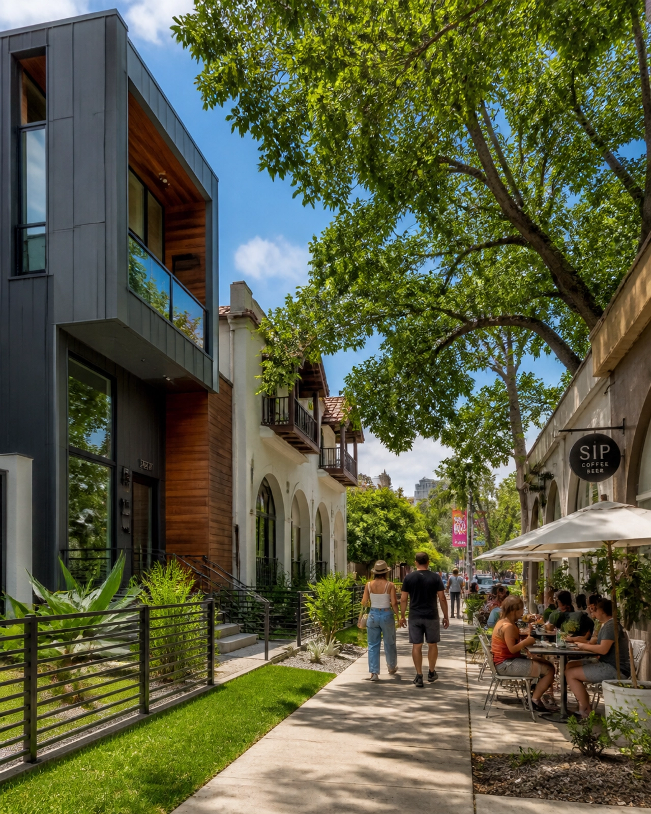 A vibrant street scene in Montrose, Houston.