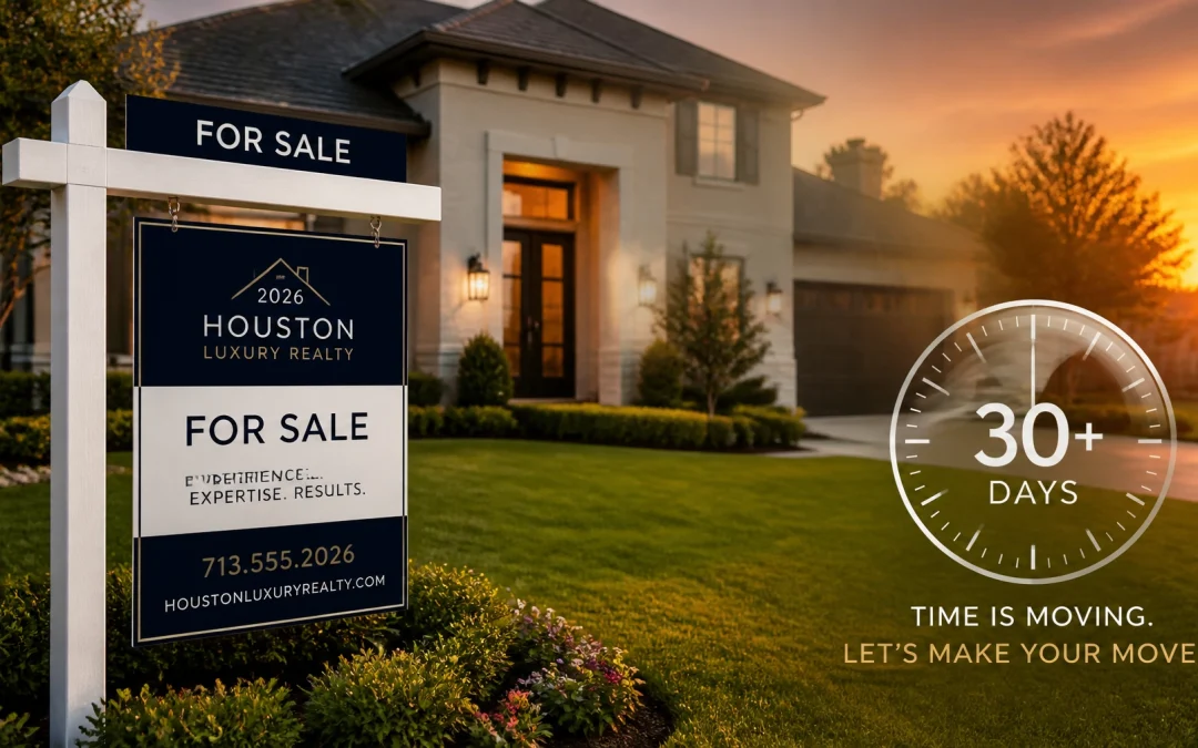 A modern Houston home with a For Sale sign, symbolizing the 30-day market threshold.