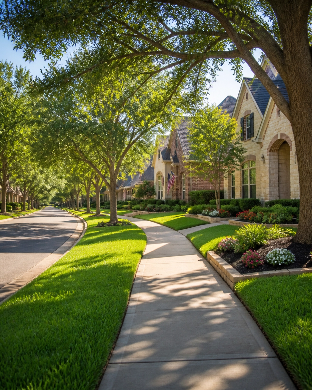 A beautiful, sun-drenched Houston neighborhood street with attractive single-family homes and mature trees.