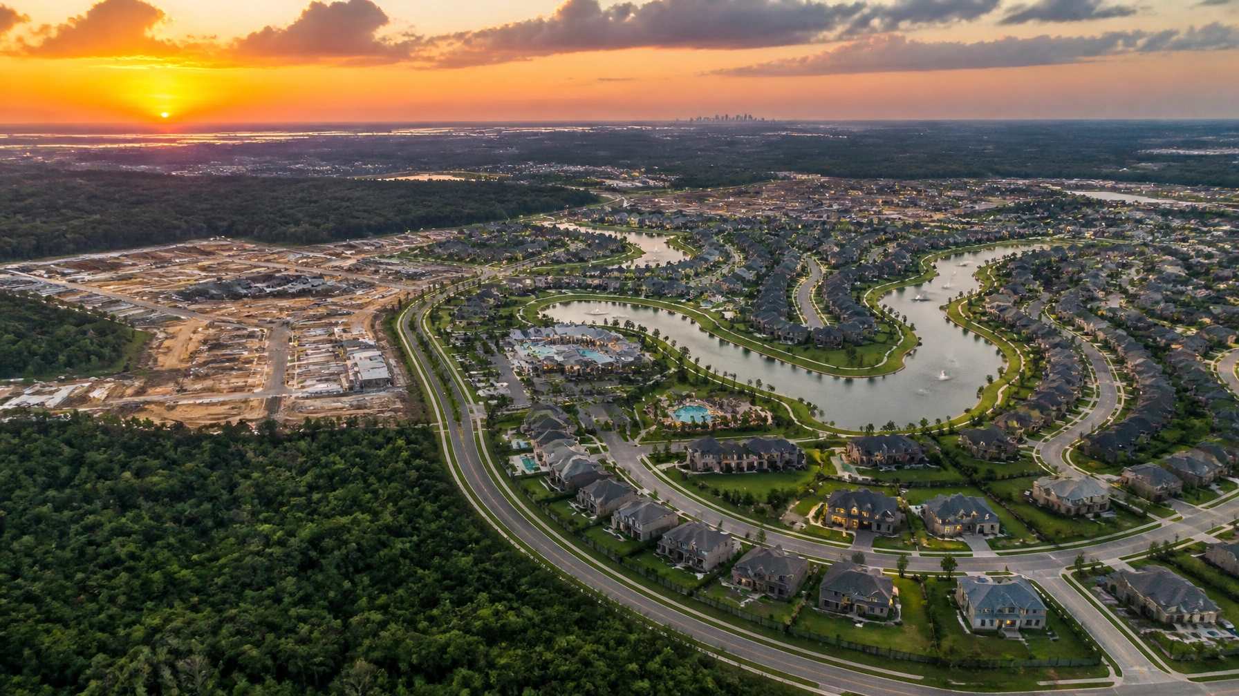 Aerial view of a sprawling Houston master-planned community at sunset