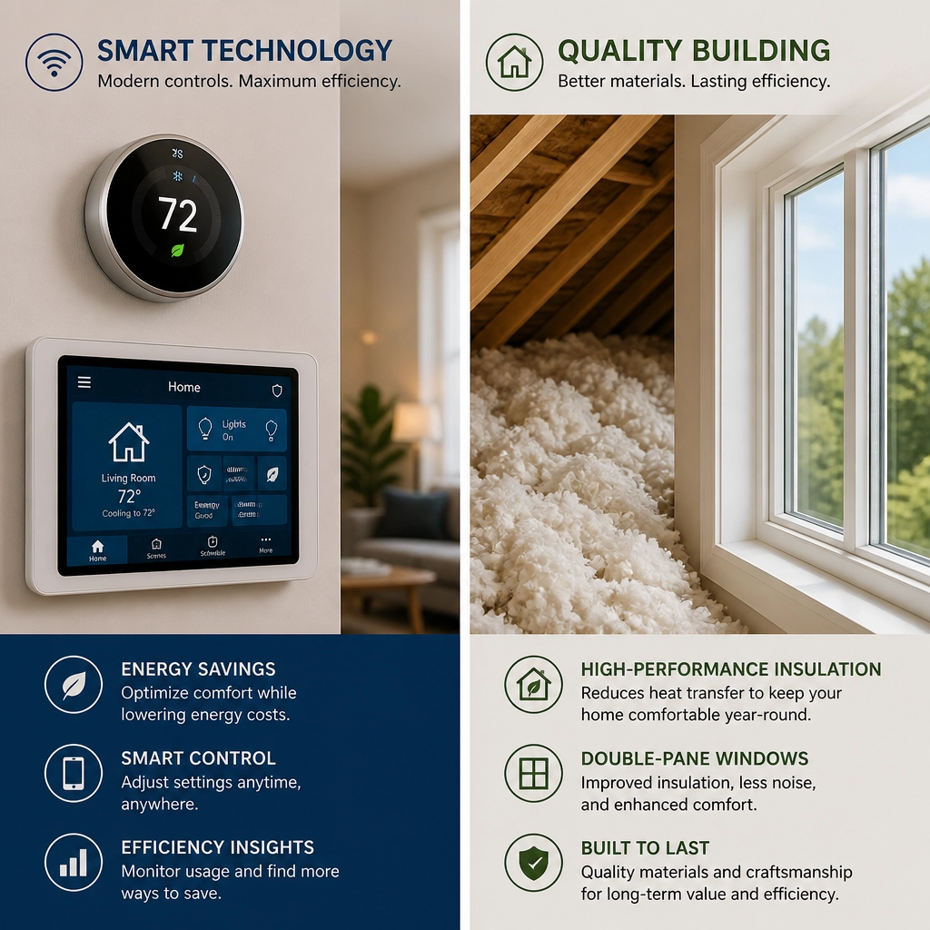 A split-screen visual showing a smart thermostat and high-quality attic insulation.
