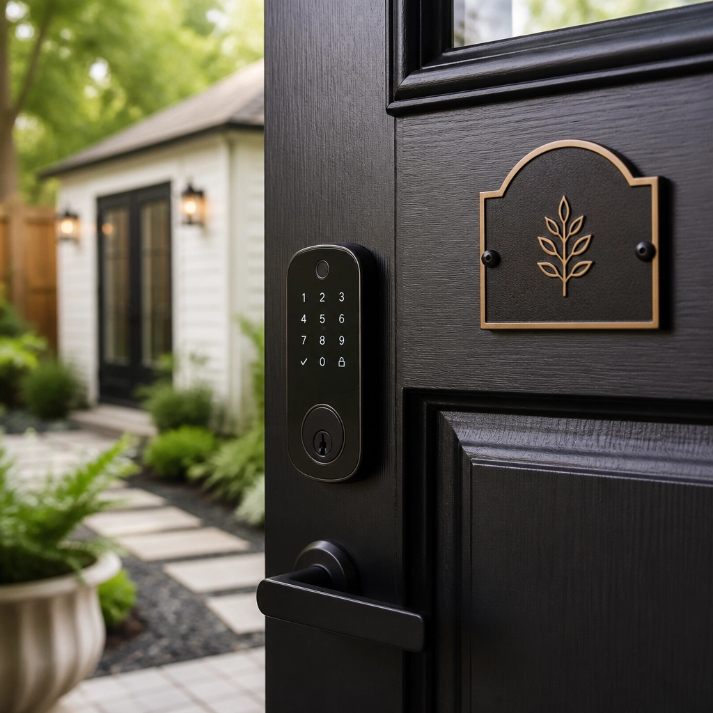 A close-up of a modern keyless entry lock on a stylish ADU door, symbolizing the ease and security of managing a rental property.